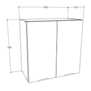 Zweiflügeliger Hängeschrank/Wandschrank in technischer Strichzeichnung mit Maßen 600 mm Breite, 600 mm Höhe und 310 mm Tiefe, in schräger Vorderansicht (Perspektive) dargestellt