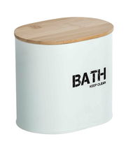 Weiße Badbox Gara mit Holzdeckel, Aufschrift 'BATH KEEP CLEAN', seitliche Perspektive