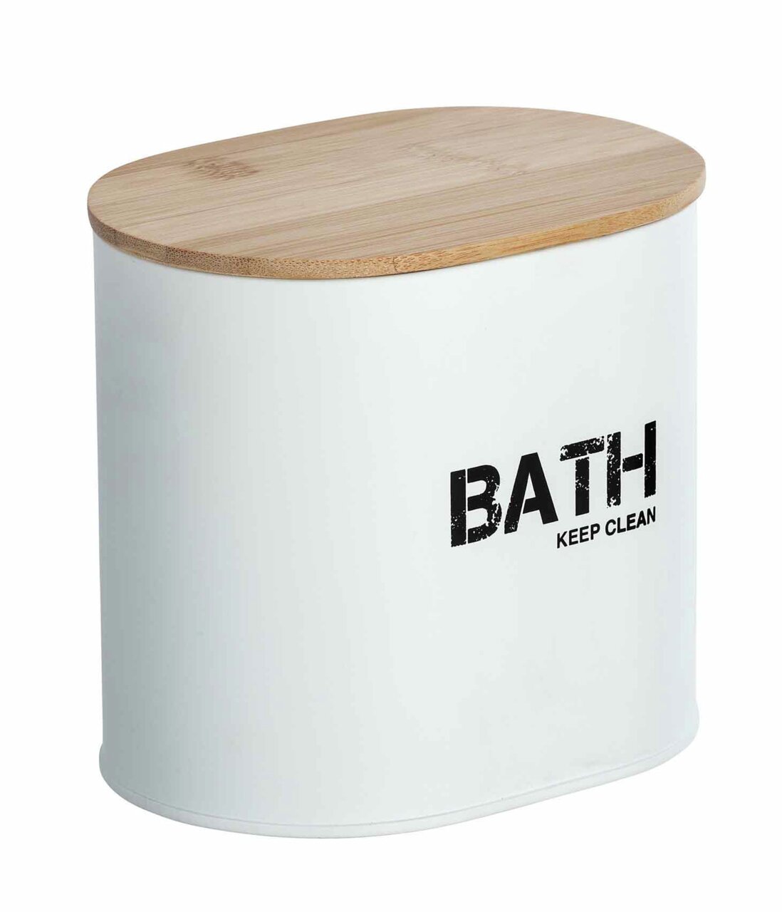 Weiße Badbox Gara mit Holzdeckel, Aufschrift 'BATH KEEP CLEAN', seitliche Perspektive
