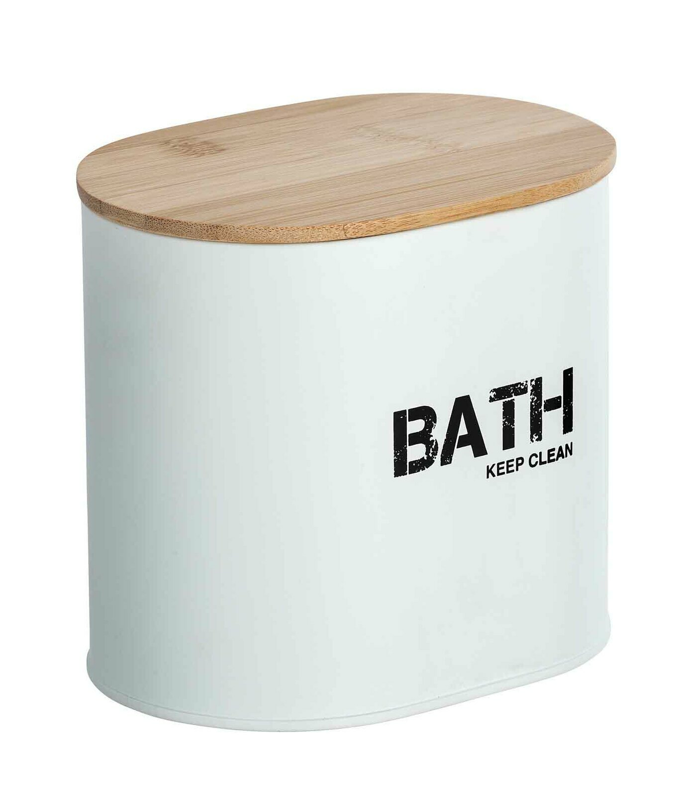 Weiße Badbox Gara mit Holzdeckel, Aufschrift 'BATH KEEP CLEAN', seitliche Perspektive