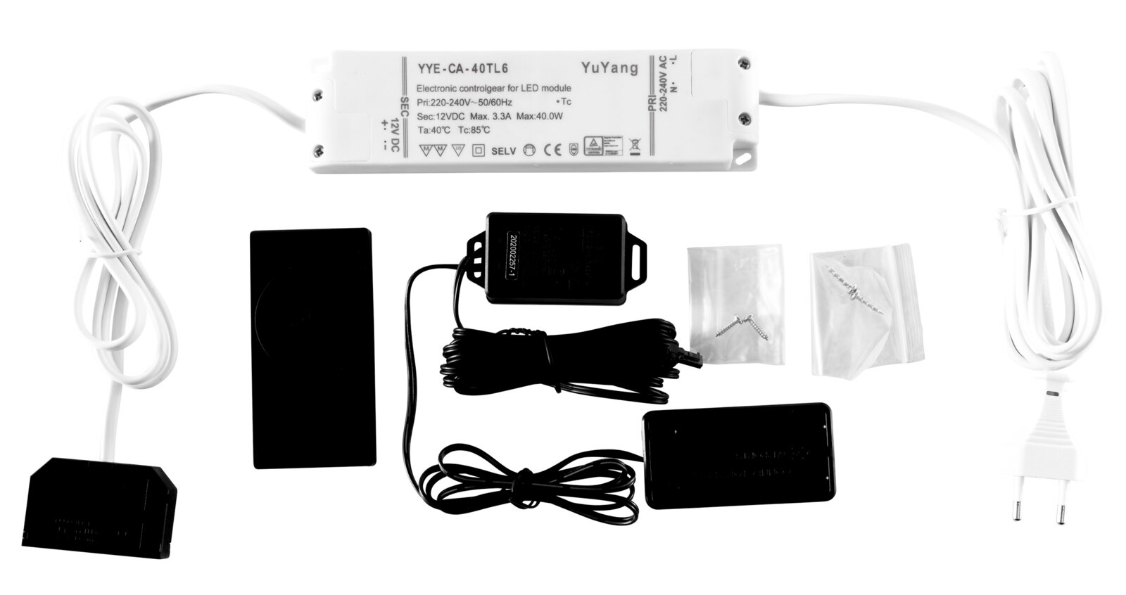 Zurbrüggen Set met draadloze afstandsbediening MODENA Set met LED-driver en dimmer, inclusief voeding, besturingsunit, kabels, EU-stekker en montageschroeven; bovenaanzicht op een witte achtergrond