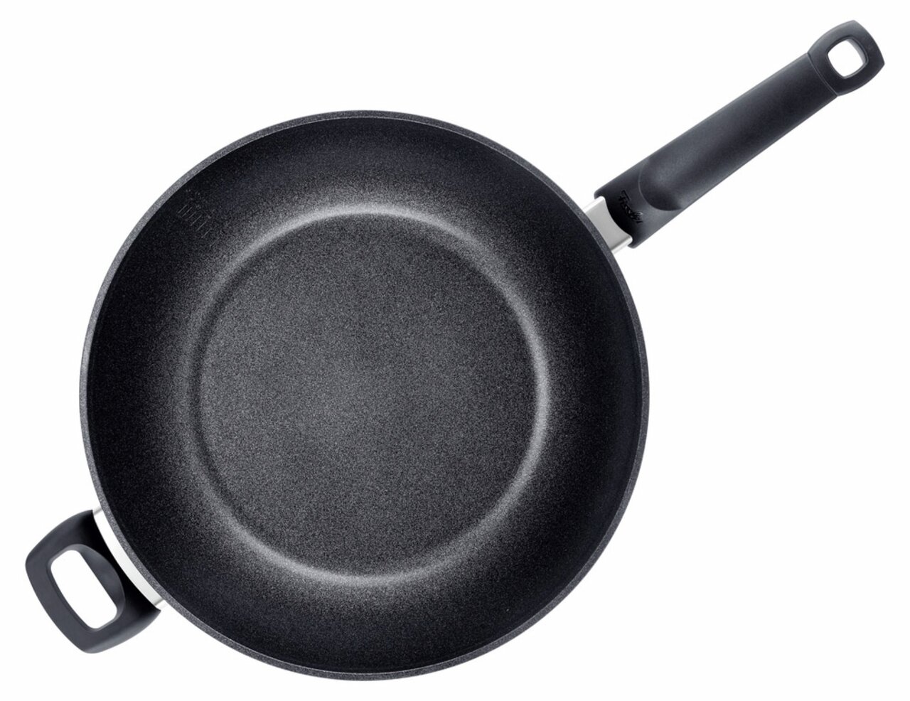 Wok Adamant 32cm aus der Vogelperspektive mit zwei Griffen, einer langen und einer kurzen.