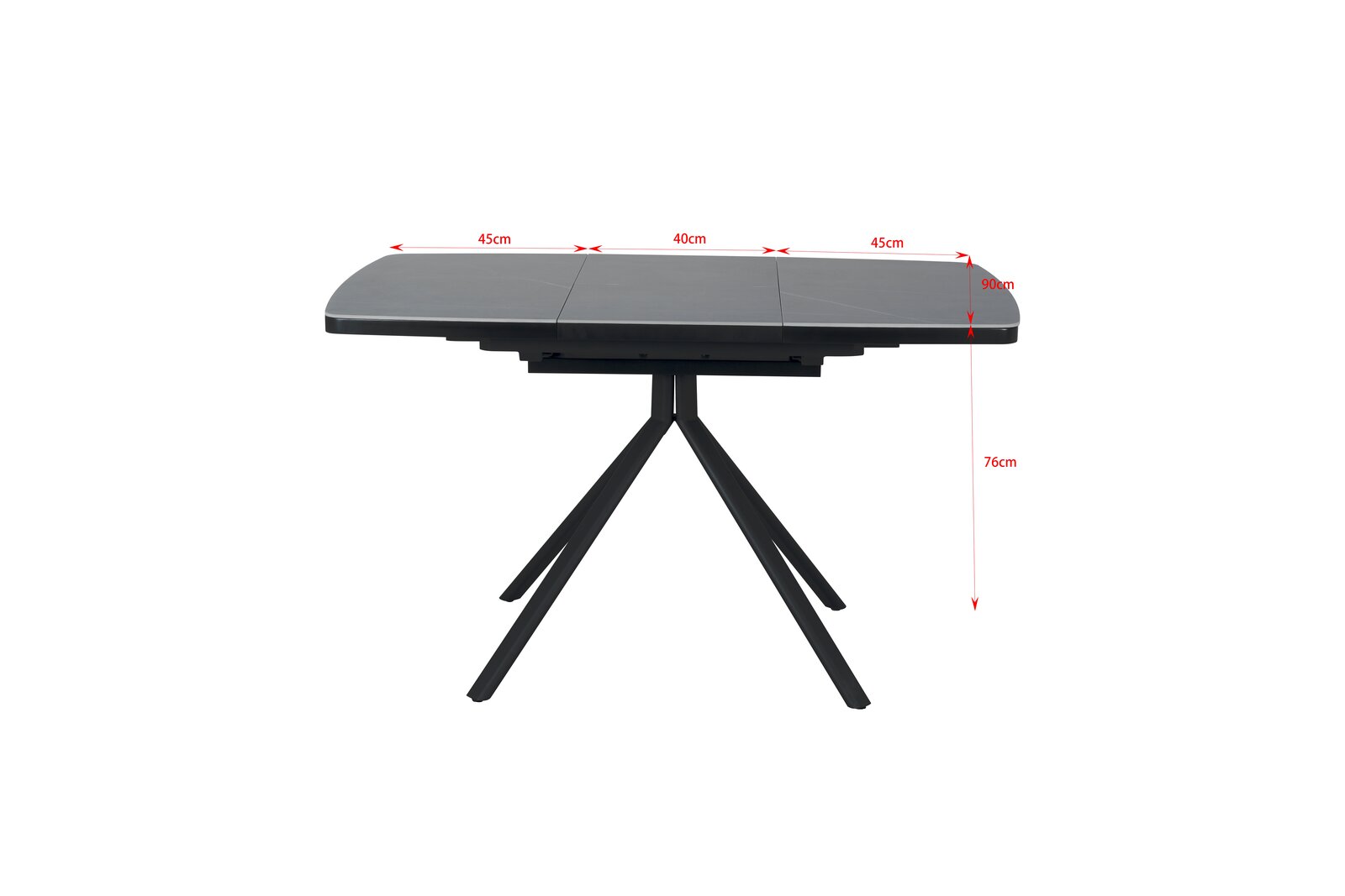 Moderner Esstisch mit schwarzer Tischplatte und Metallgestell, seitliche Perspektive