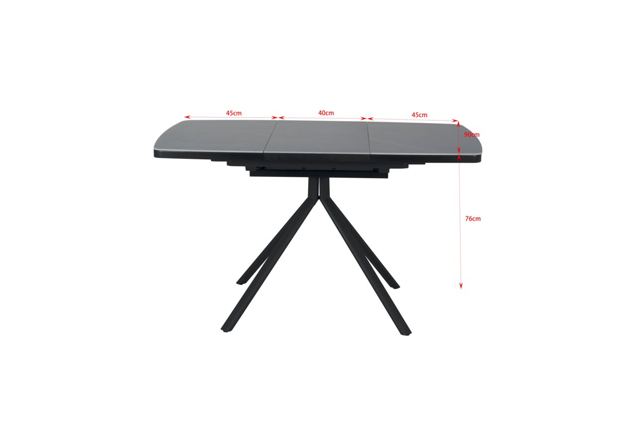 Moderne eettafel met zwart tafelblad en metalen onderstel, zijaanzicht