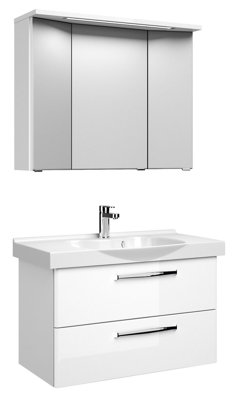 Moderner Badblock mit Spiegelschrank und Waschbecken, Frontansicht