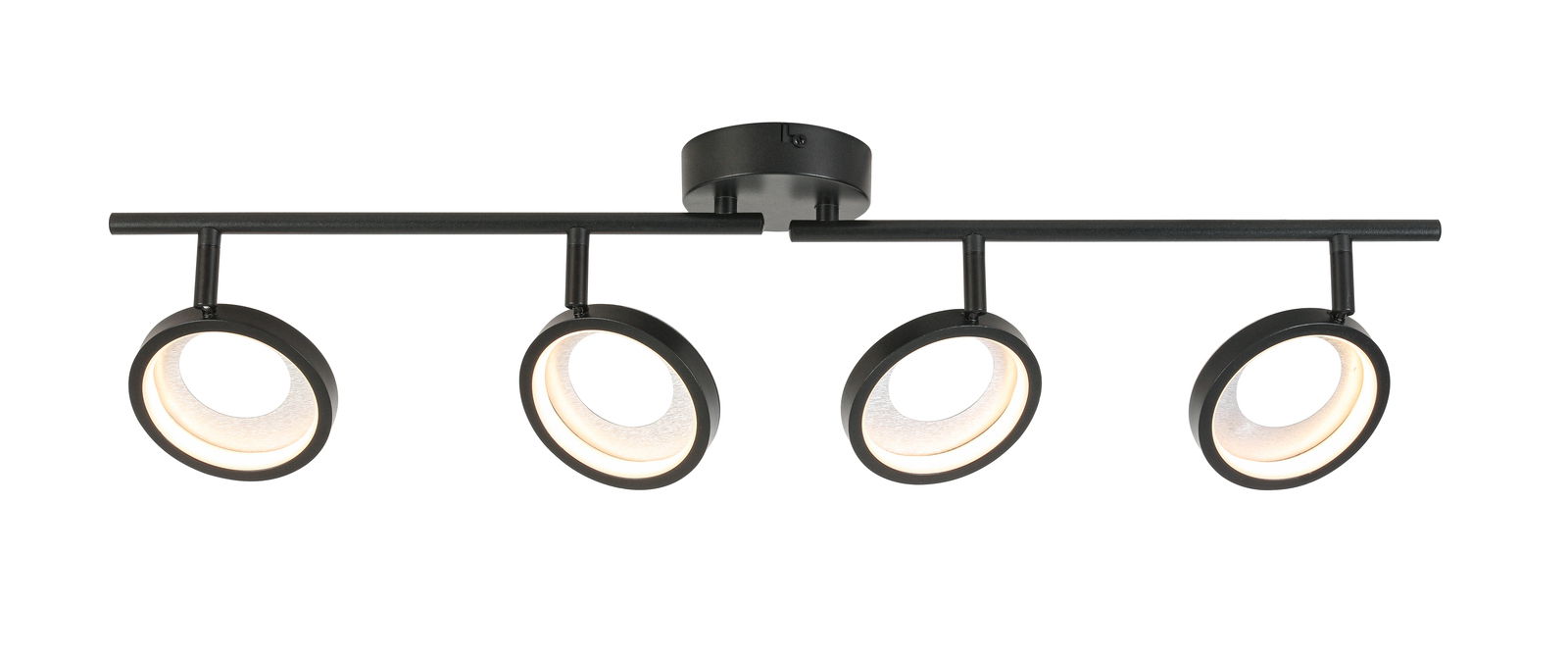 Moderner LED-Strahler mit vier verstellbaren Leuchten in schwarzem Design, seitliche Perspektive