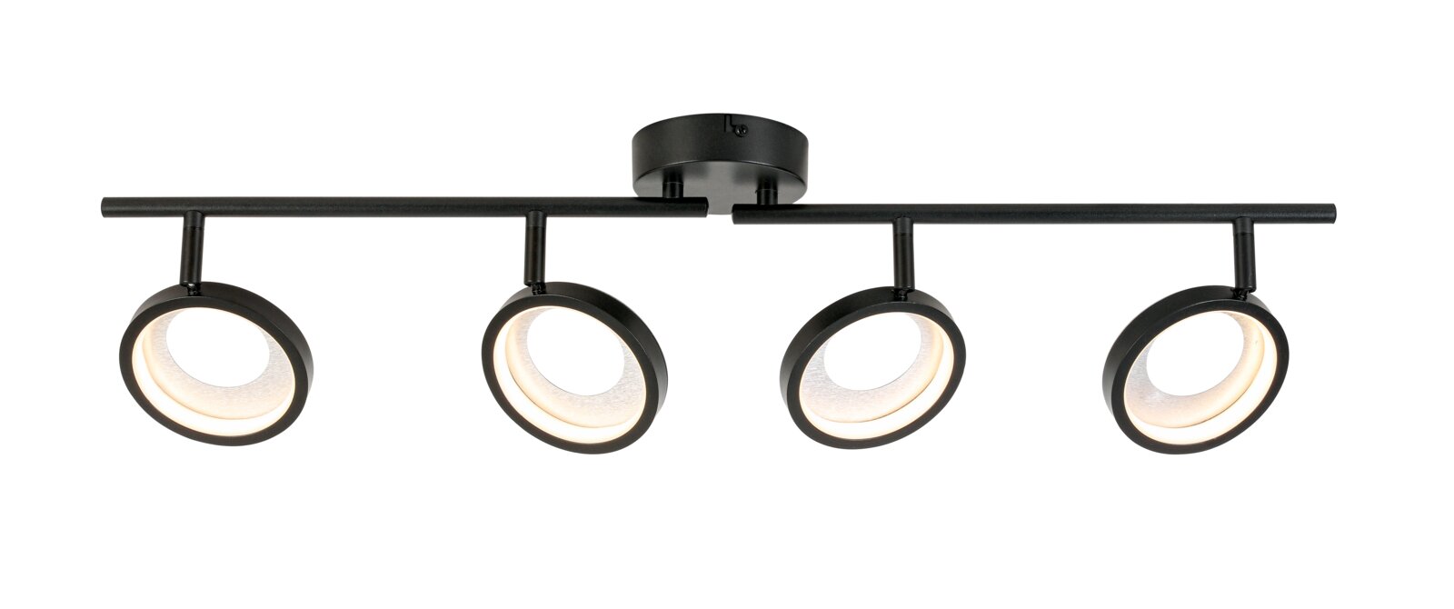 Moderner LED-Strahler mit vier verstellbaren Leuchten in schwarzem Design, seitliche Perspektive