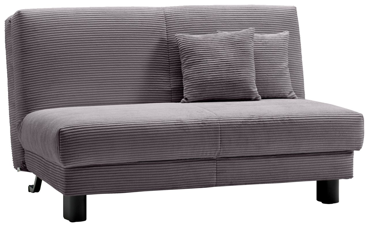 Z2 Schlafsofa ENNY Graues Funktionssofa mit geripptem Stoffbezug und zwei passenden Kissen, seitliche Perspektive