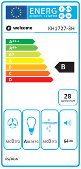 Energieeffizienzlabel für ein Küchengerät, Klasse B, mit einem jährlichen Energieverbrauch von 28 kWh, Geräuschpegel von 64 dB, Frontalansicht.
