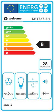 Energie-efficiëntielabel voor een keukenapparaat, klasse B, met een jaarlijks energieverbruik van 28 kWh, geluidsniveau van 64 dB, vooraanzicht.