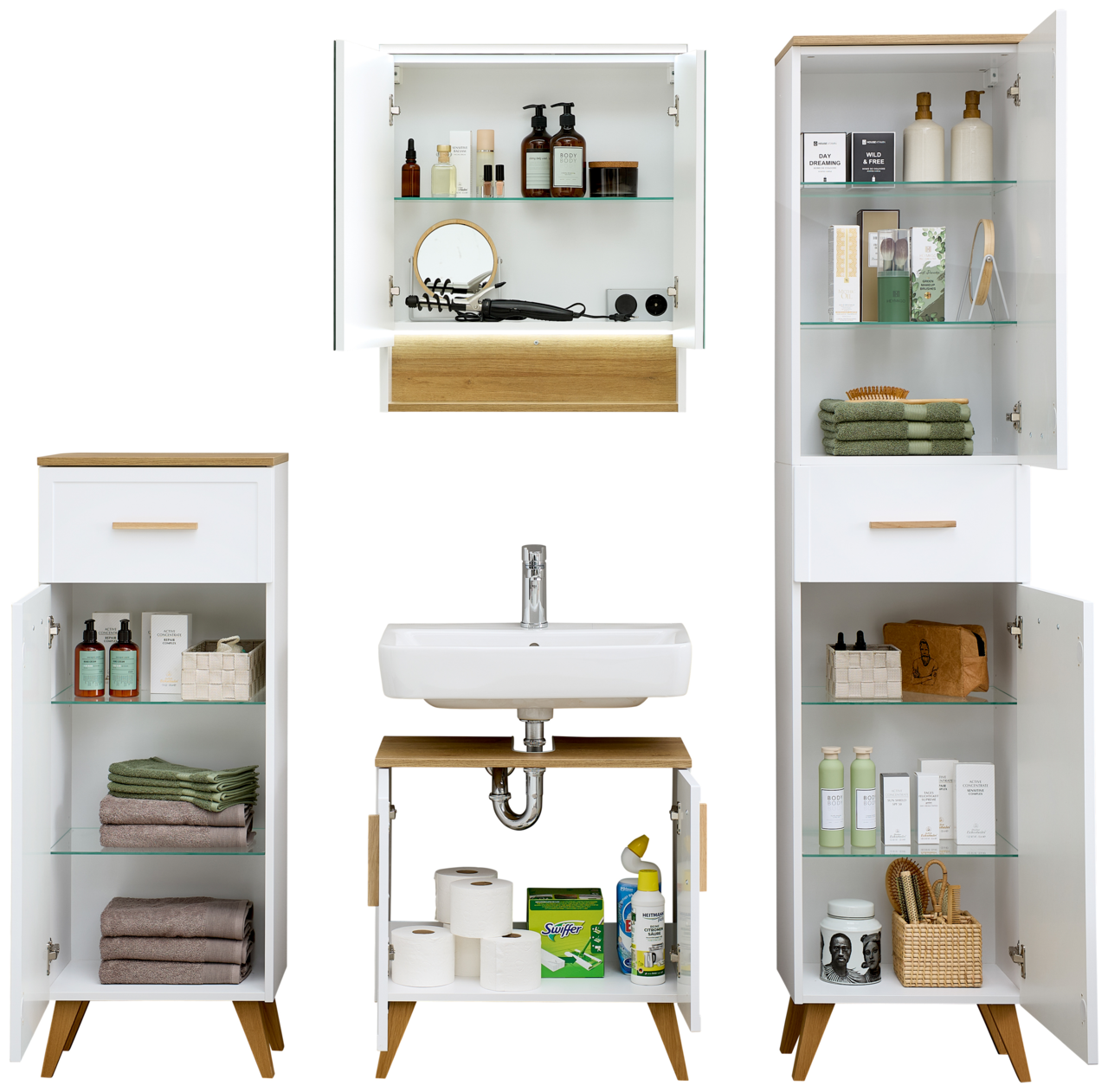 Badezimmermöbel-Set in Weiß und Holzoptik, bestehend aus einem Unterschrank, einem Hochschrank und einem Hängeschrank, frontal abgebildet.