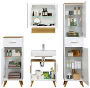 Badezimmermöbel-Set in Weiß und Holzoptik, bestehend aus einem Unterschrank, einem Hochschrank und einem Hängeschrank, frontal abgebildet.