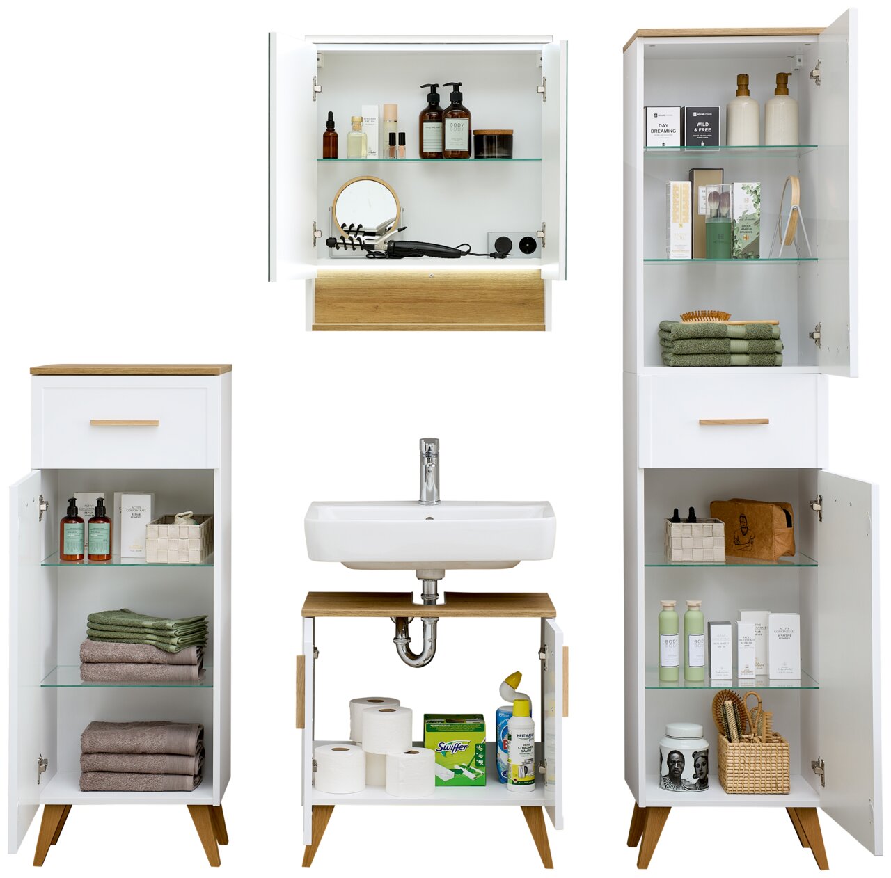 Badezimmermöbel-Set in Weiß und Holzoptik, bestehend aus einem Unterschrank, einem Hochschrank und einem Hängeschrank, frontal abgebildet.