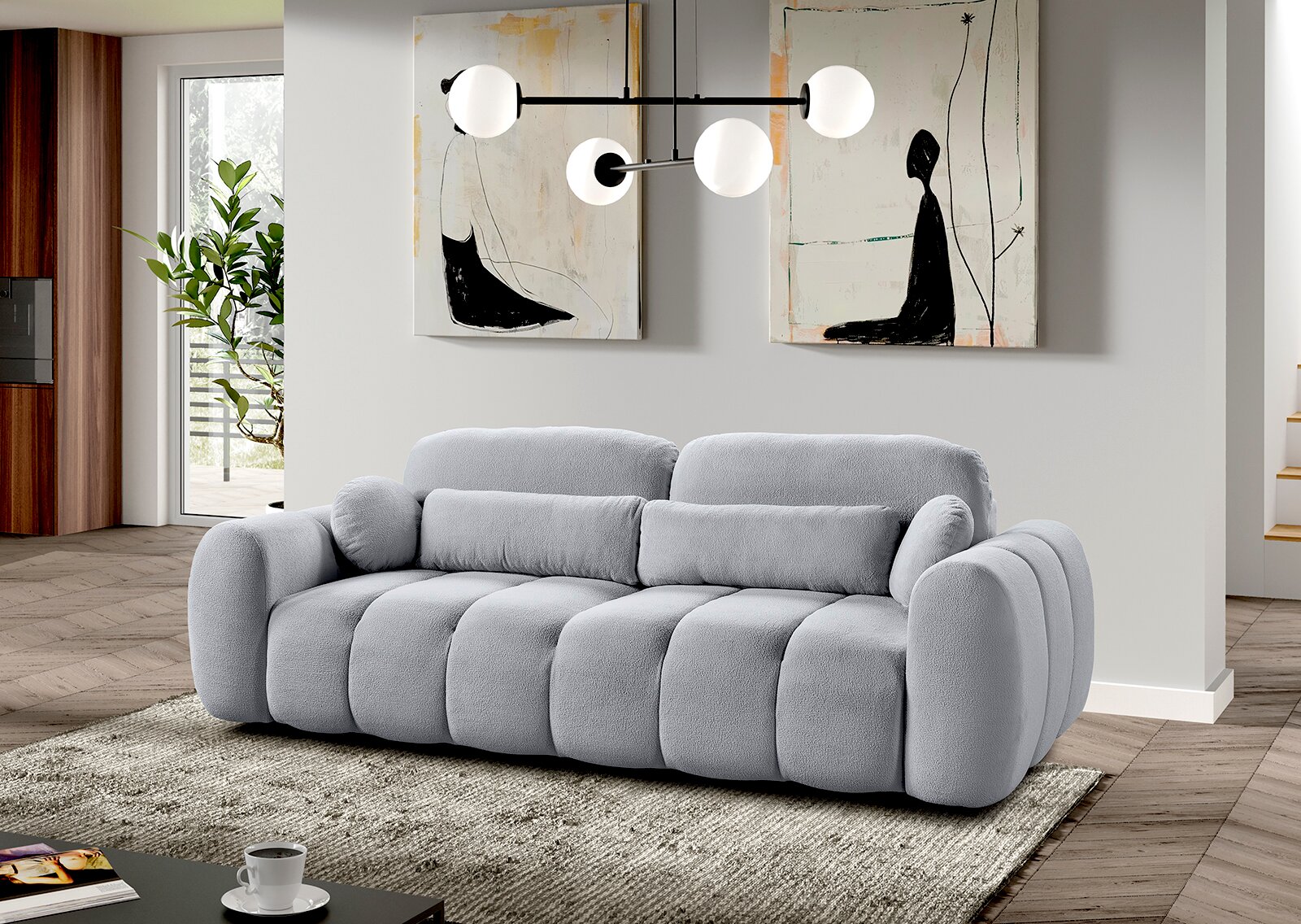 Graues Funktionssofa in modernem Wohnzimmer, seitliche Perspektive