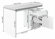 Moderner Schreibtisch mit weißem Korpus und grauer Tischplatte, ausgestattet mit Schubladen und Schranktür, seitliche Perspektive.
