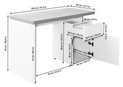 Moderner Schreibtisch mit weißem Korpus und grauer Tischplatte, ausgestattet mit Schubladen und Schranktür, seitliche Perspektive.