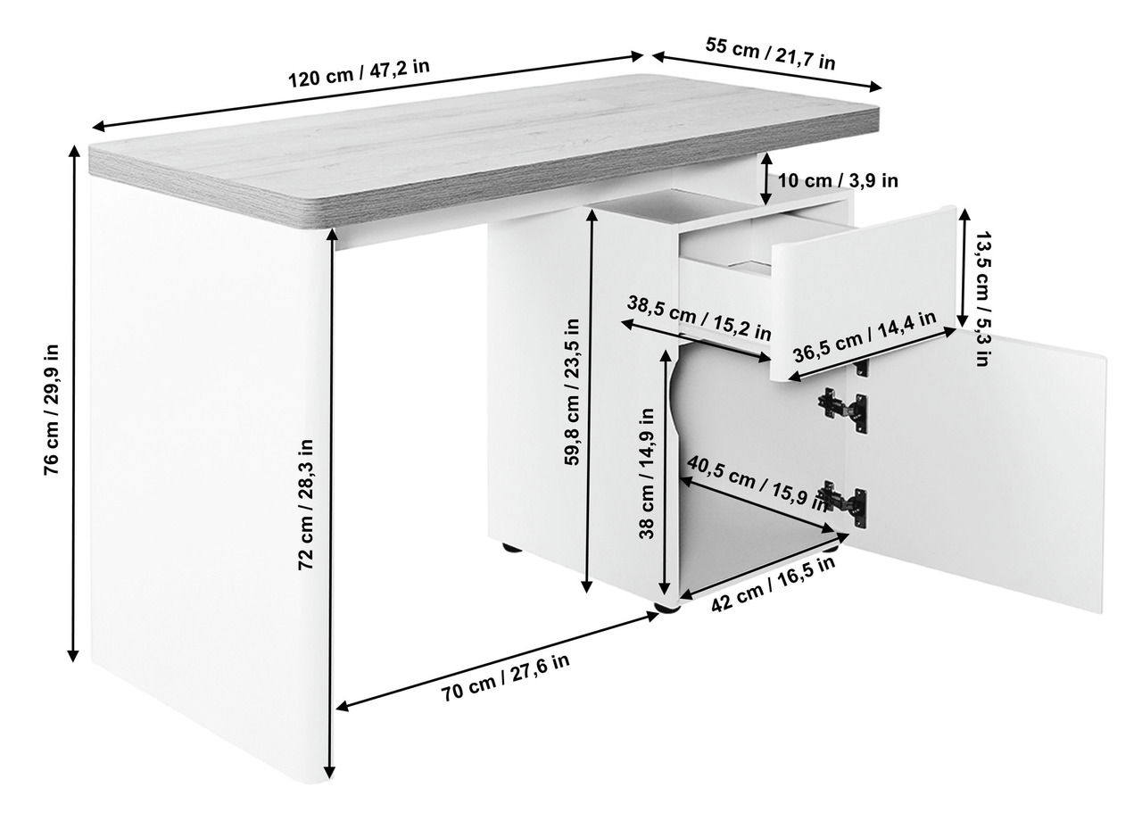 Moderner Schreibtisch mit weißem Korpus und grauer Tischplatte, ausgestattet mit Schubladen und Schranktür, seitliche Perspektive.