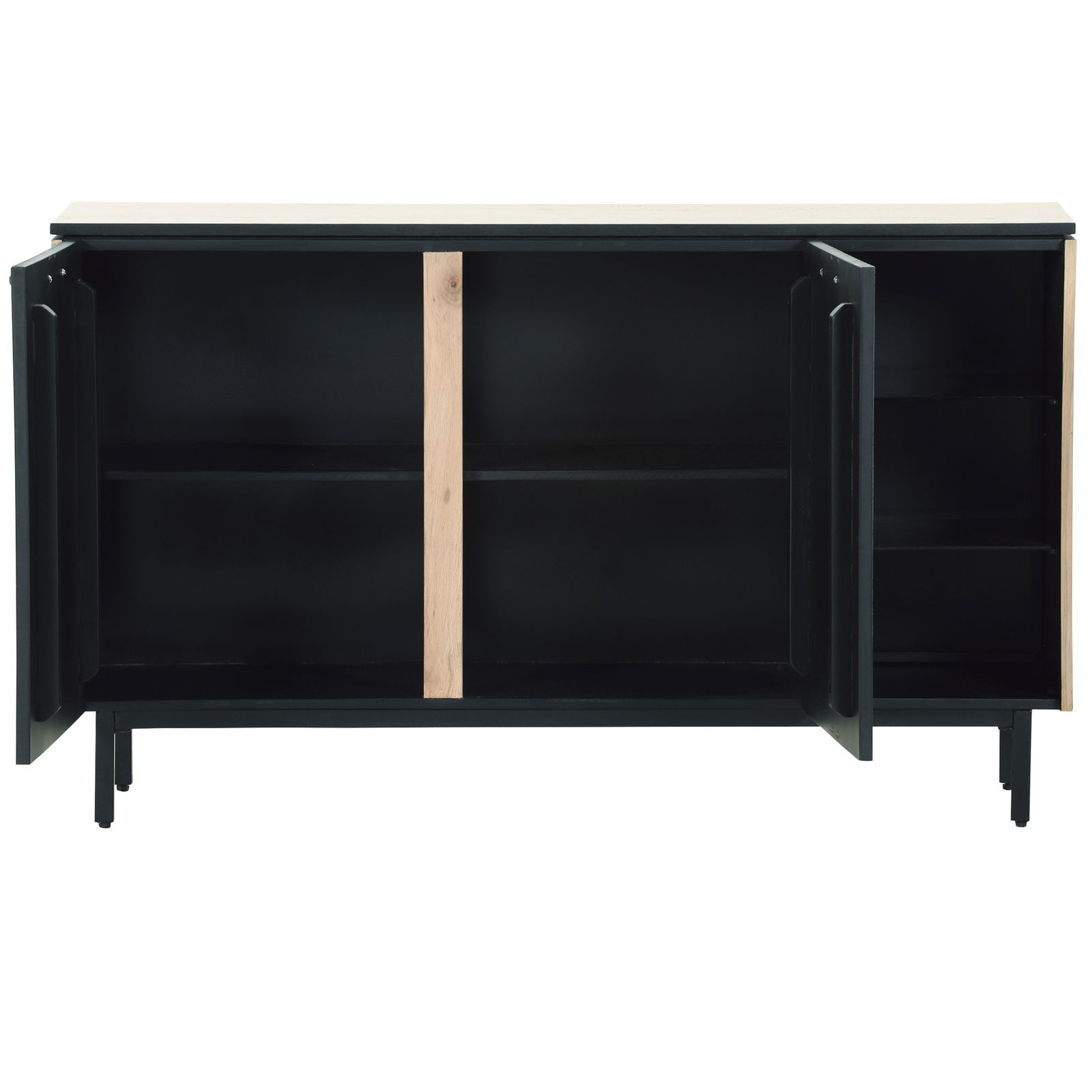 Frontale Ansicht eines modernen Sideboards mit offenen Türen, schwarzem Korpus und Holzelementen.