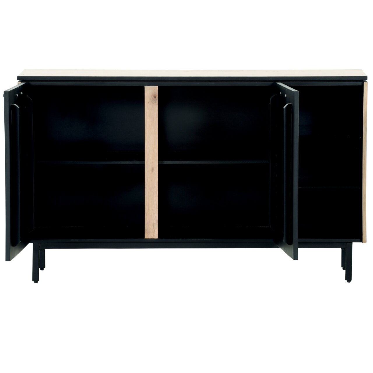 Vooraanzicht van een modern dressoir met open deuren, een zwarte romp en houten elementen.