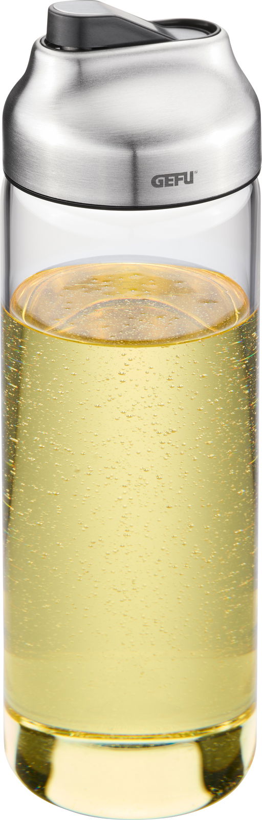 GEFU Essig-Öl Dosierer KIPPO Essig-Öl Dosierer aus Glas mit Edelstahlverschluss, gefüllt mit gelber Flüssigkeit, Frontalansicht