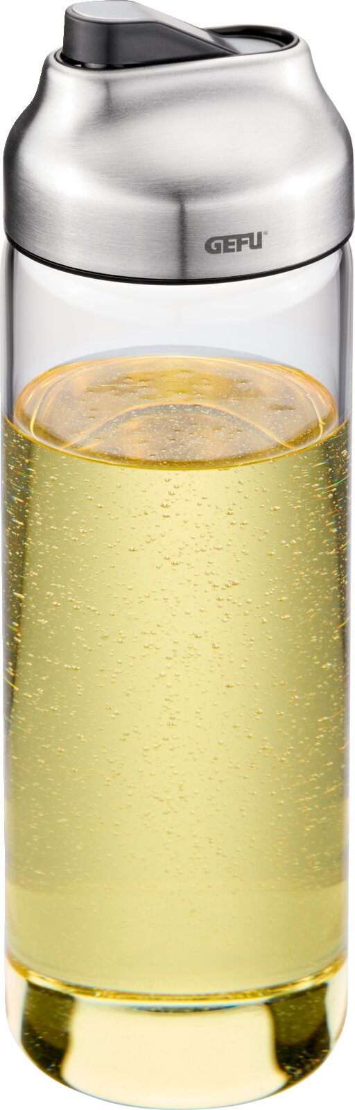 Essig-Öl Dosierer aus Glas mit Edelstahlverschluss, gefüllt mit gelber Flüssigkeit, Frontalansicht