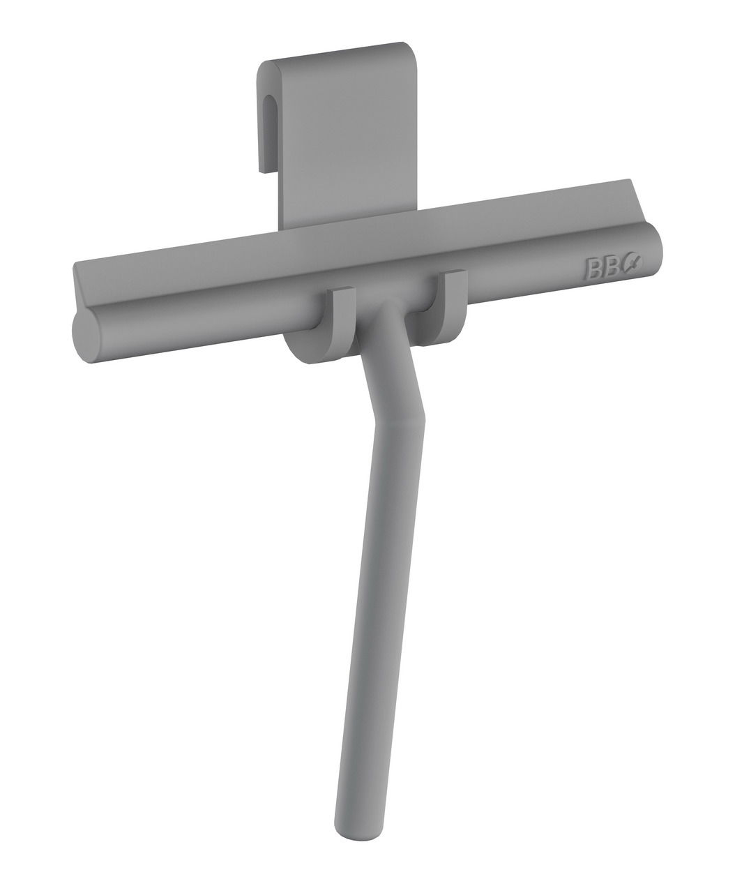 Grauer Duschabzieher aus Silikon, Vorderansicht mit Wandhalterung