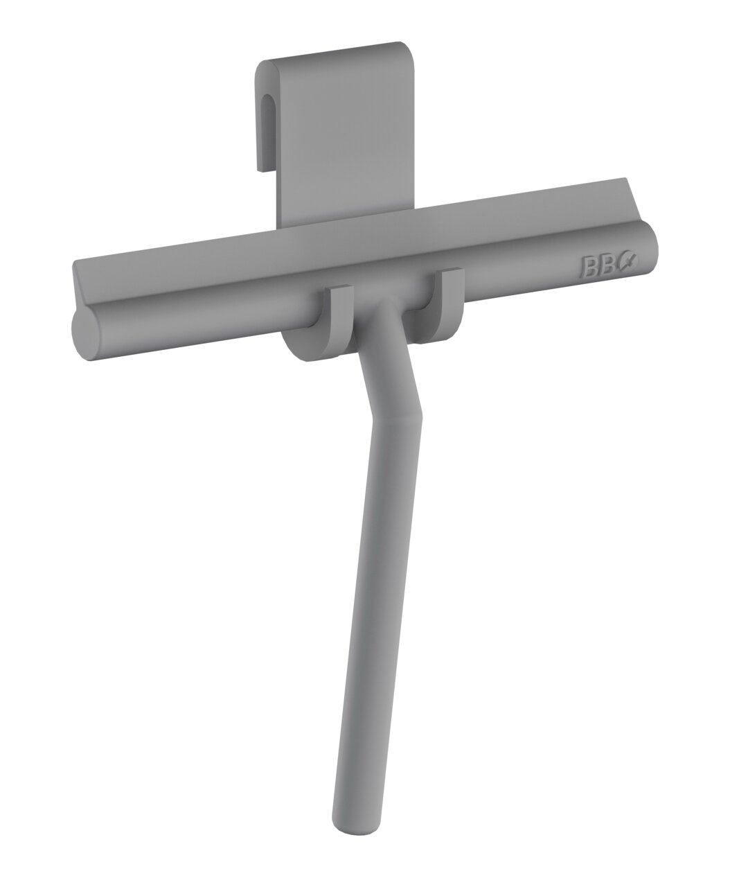 Grauer Duschabzieher aus Silikon, Vorderansicht mit Wandhalterung