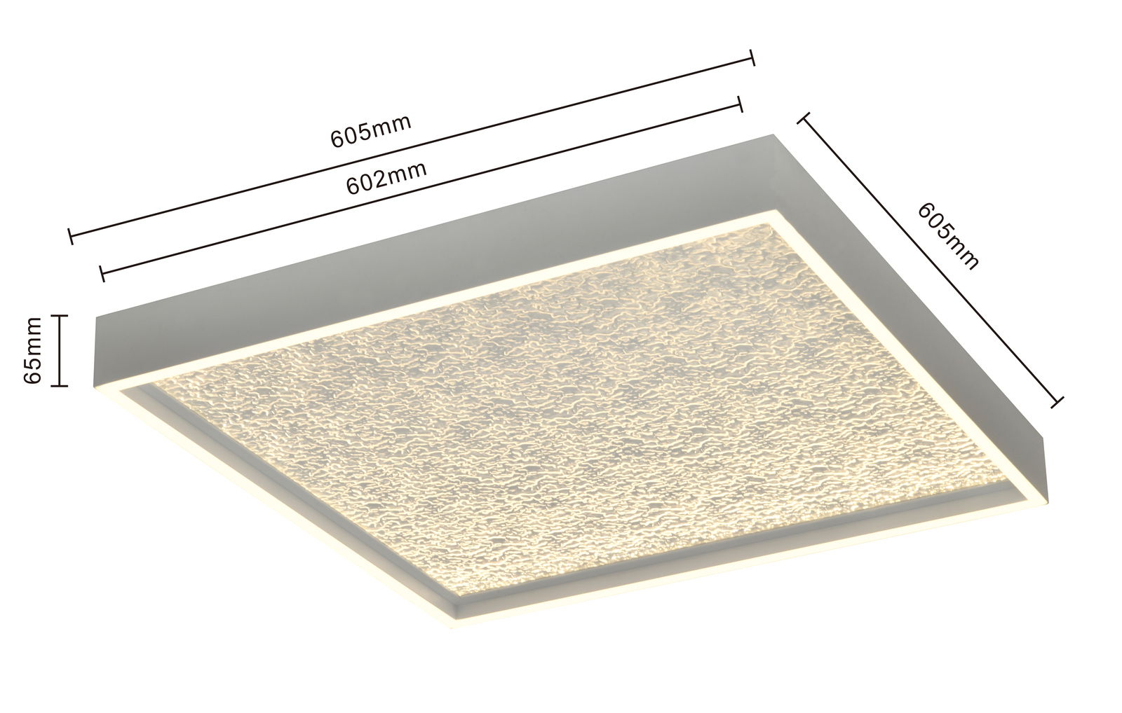 LED-Deckenleuchte in quadratischer Form mit den Maßen 605mm x 605mm x 65mm, seitliche Perspektive