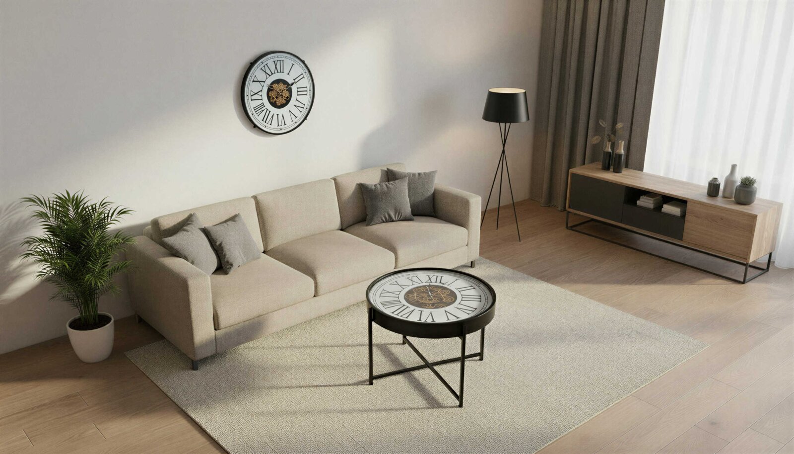 Moderne woonkamer met een beige hoekbank, een zwart bijzettafeltje in de vorm van een klok en een grote wandklok gefotografeerd vanuit een licht schuin perspectief van voren.