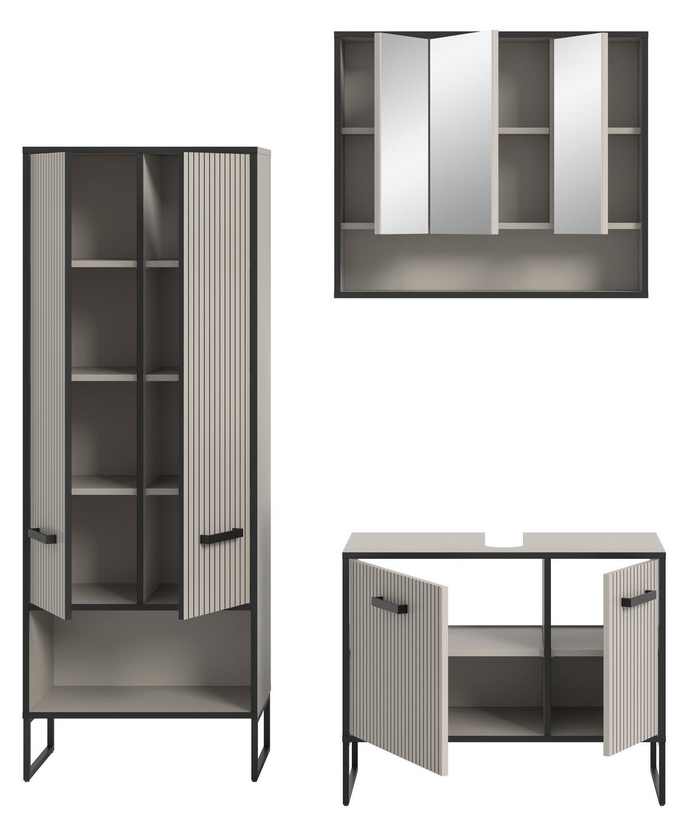 Badkombination bestehend aus einem hohen Schrank, einem Spiegelschrank und einem Unterschrank, alle in modernem Design mit geriffelten Türen, aus der Frontalperspektive.