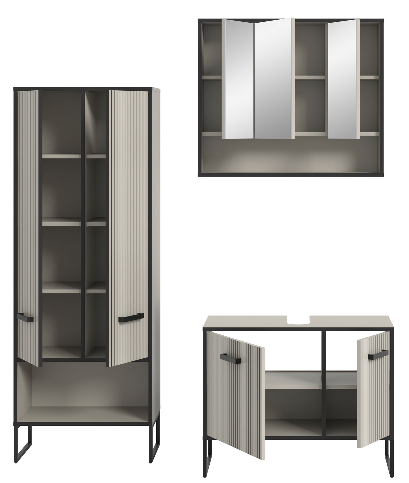 Badkombination bestehend aus einem hohen Schrank, einem Spiegelschrank und einem Unterschrank, alle in modernem Design mit geriffelten Türen, aus der Frontalperspektive.