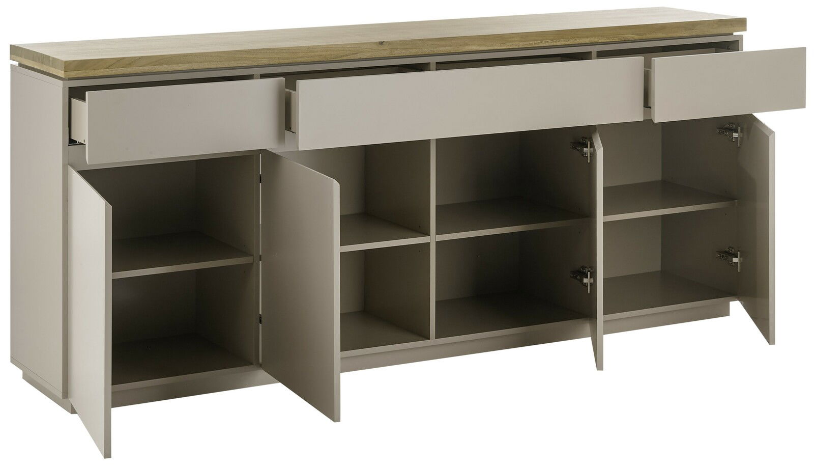 XL-Sideboard mit offenen Schubladen und Türen, Frontansicht