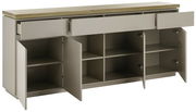 XL-Sideboard mit offenen Schubladen und Türen, Frontansicht