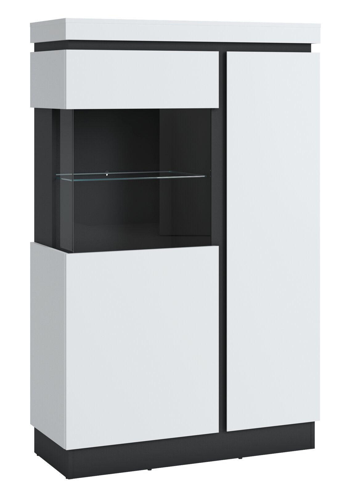 Moderne Highboardvitrine in Weiß mit Glasregal, seitliche Perspektive