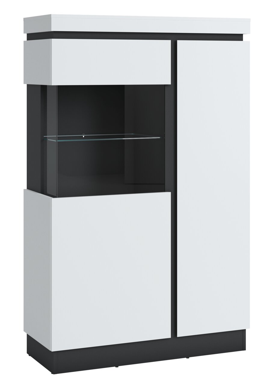 Moderne hoge vitrinekast in wit met glazen plank, zijaanzicht