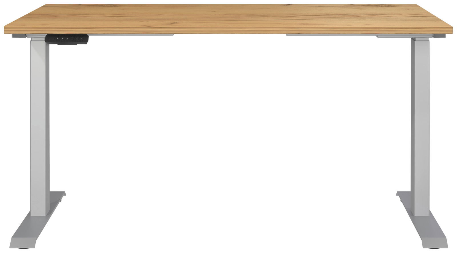 Elektrisch höhenverstellbarer Schreibtisch mit Holzplatte und grauem Metallgestell, Frontalansicht