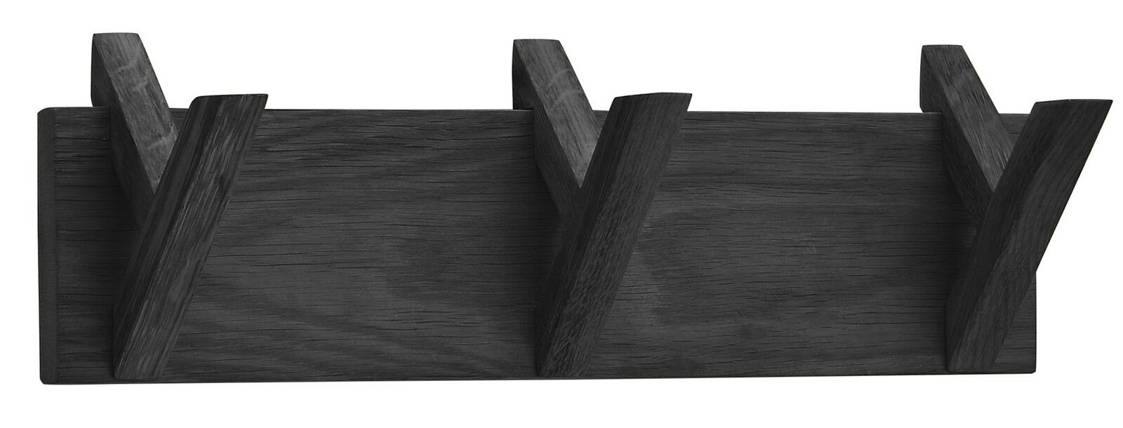Hakenleiste aus dunklem Holz mit drei Haken, frontale Ansicht