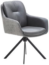 Moderner Armlehnstuhl mit grauem Polster und Stoffrückenlehne, seitliche Perspektive