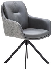 Moderner Armlehnstuhl mit grauem Polster und Stoffrückenlehne, seitliche Perspektive