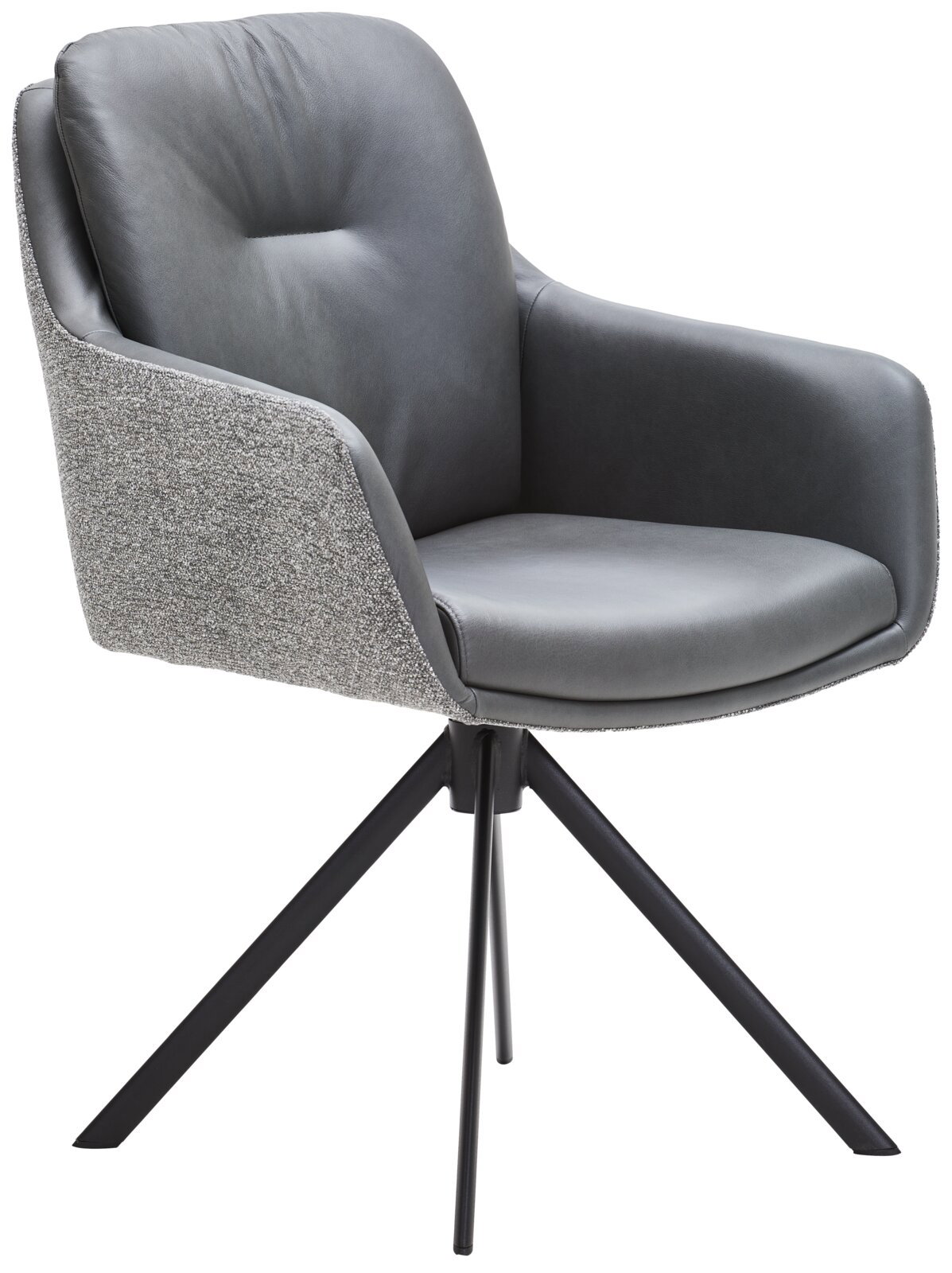 Moderner Armlehnstuhl mit grauem Polster und Stoffrückenlehne, seitliche Perspektive