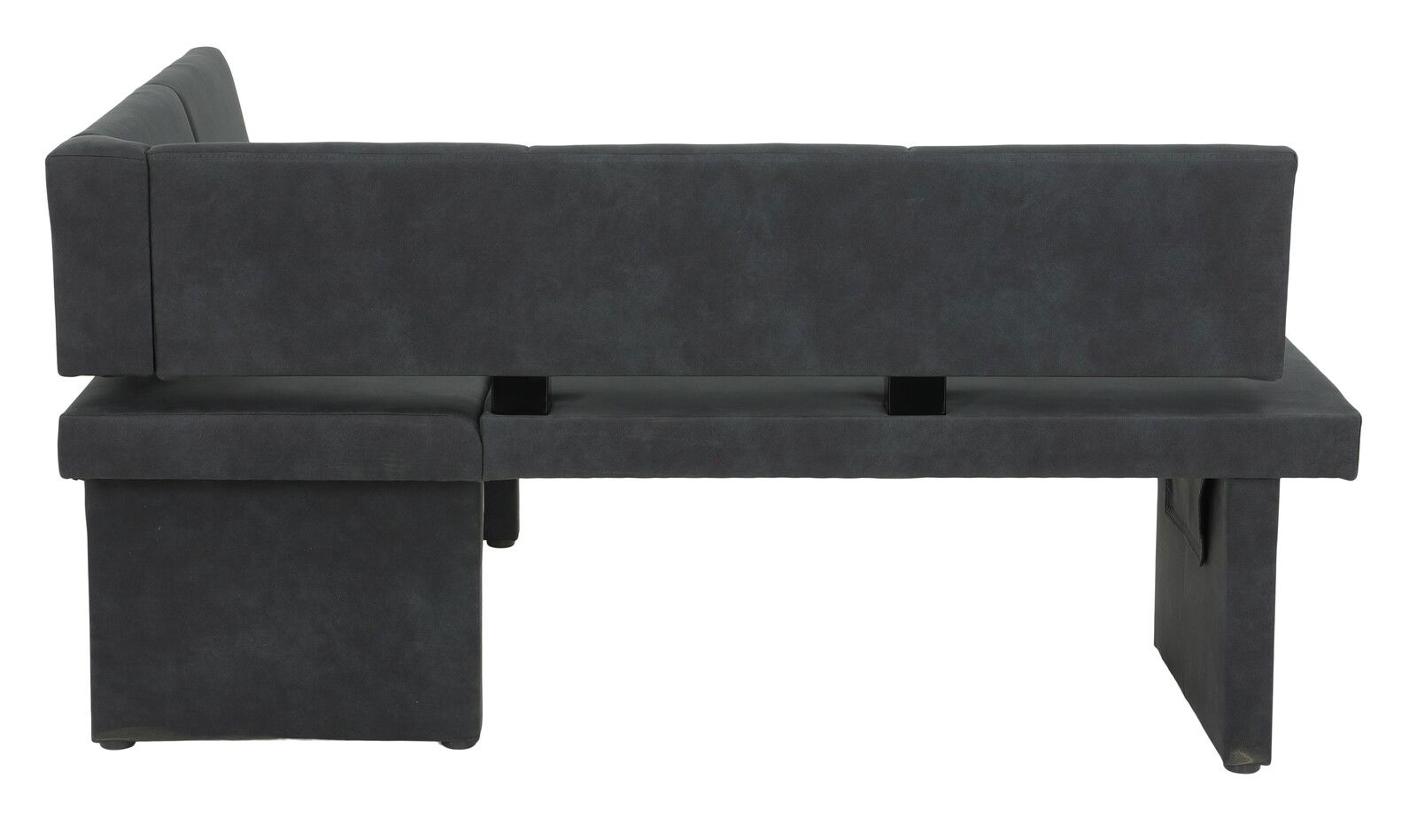Rückansicht einer modernen, dunkelgrauen Eckbank mit klaren Linien und gepolstertem Rücken.