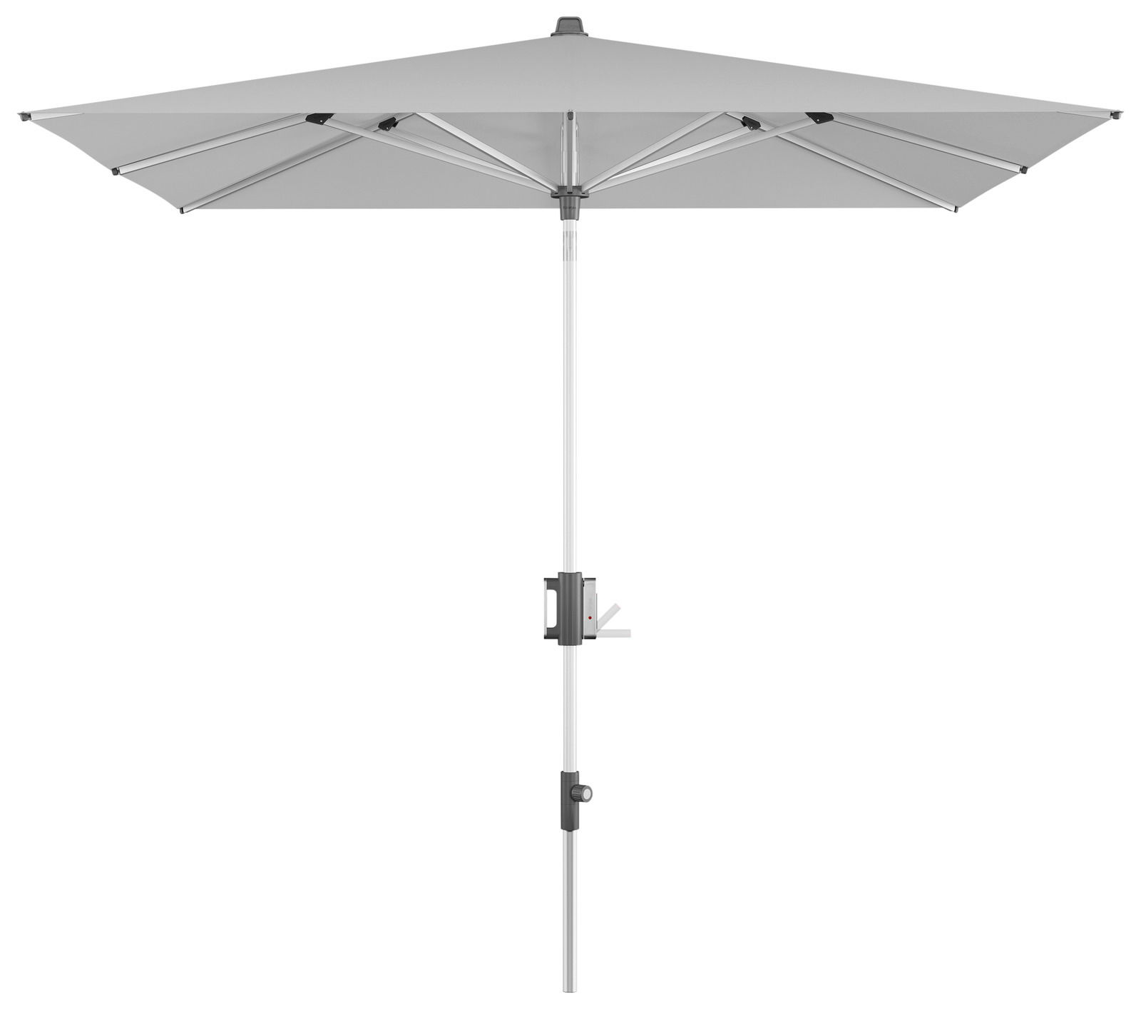 Grauer Kurbelschirm 240x240 cm, 8-teilig, frontal abgebildet