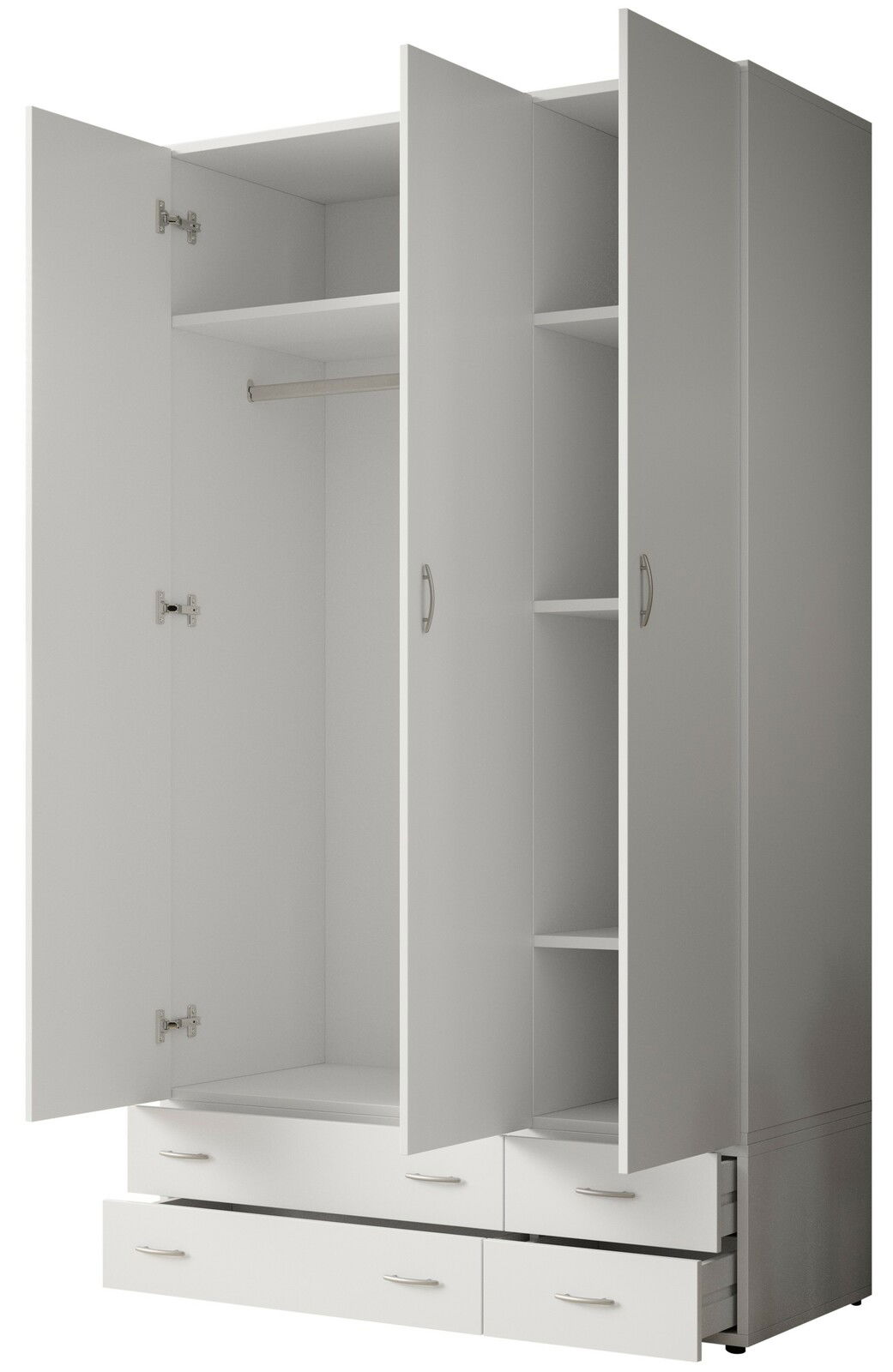 Drehtürenschrank 3-türig in weiß mit offenen Türen, zeigt Innenfächer und Schubladen, Perspektive von vorne