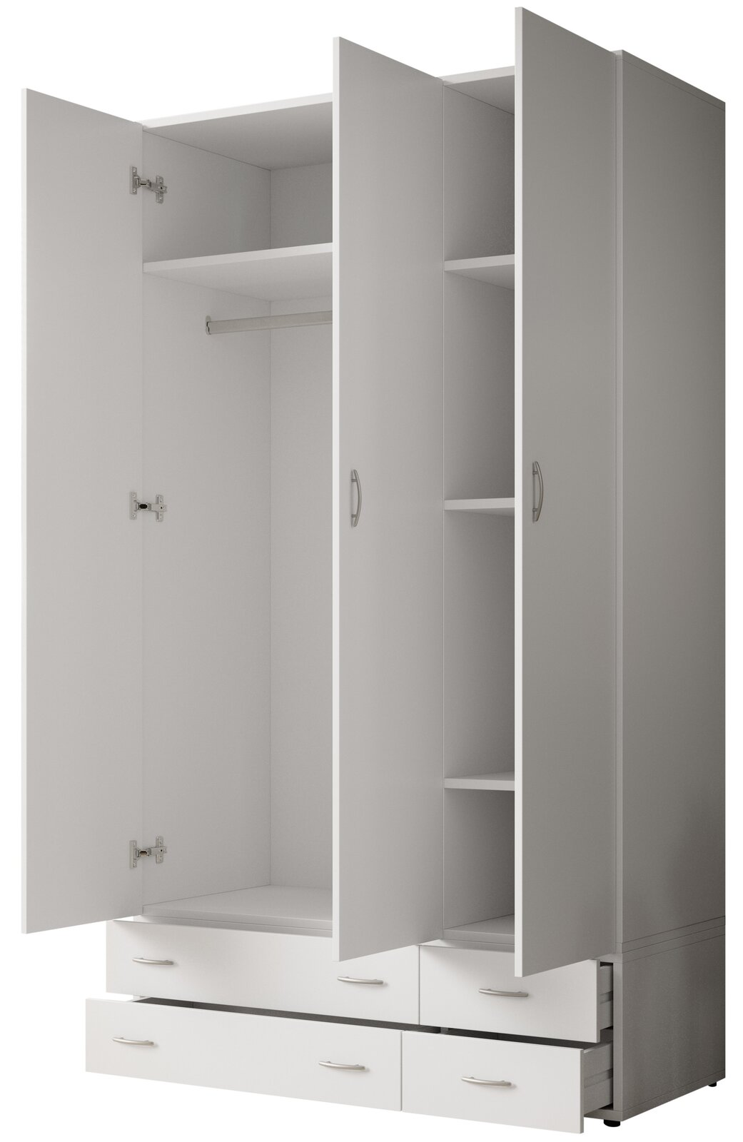 Drehtürenschrank 3-türig in weiß mit offenen Türen, zeigt Innenfächer und Schubladen, Perspektive von vorne
