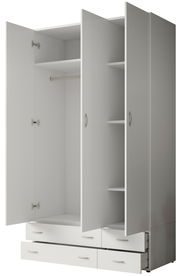 Drehtürenschrank 3-türig in weiß mit offenen Türen, zeigt Innenfächer und Schubladen, Perspektive von vorne