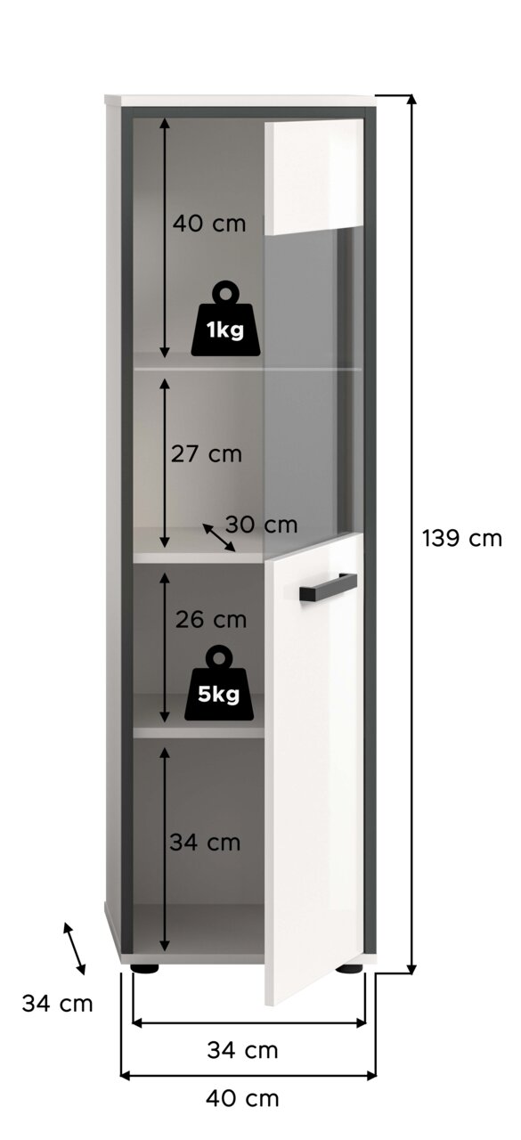 Schmaler Hochschrank in Weiß und Grau mit geöffneter Tür und schwarzem Griff, Innenfächer mit Maßangaben (Höhe 139 cm, Breite 40 cm, Tiefe 34 cm) und Belastbarkeit, dargestellt in frontaler Ansicht mit leicht seitlicher Perspektive.