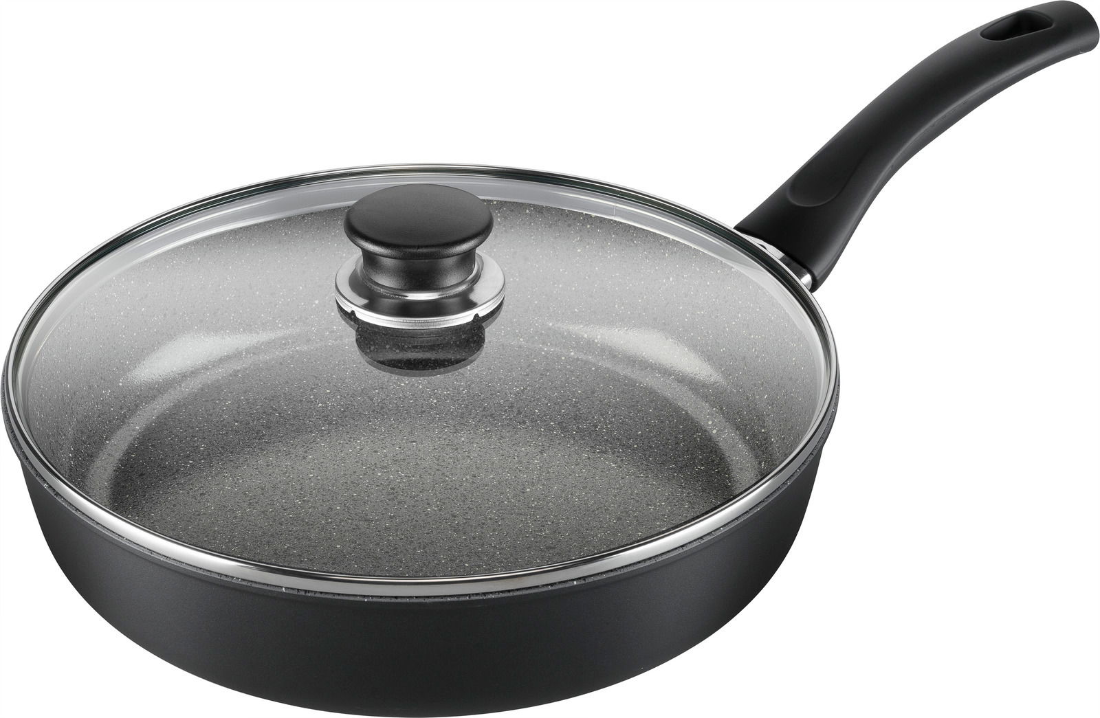 Schwarze Schmorpfanne mit Glasdeckel und ergonomischem Griff, seitliche Perspektive