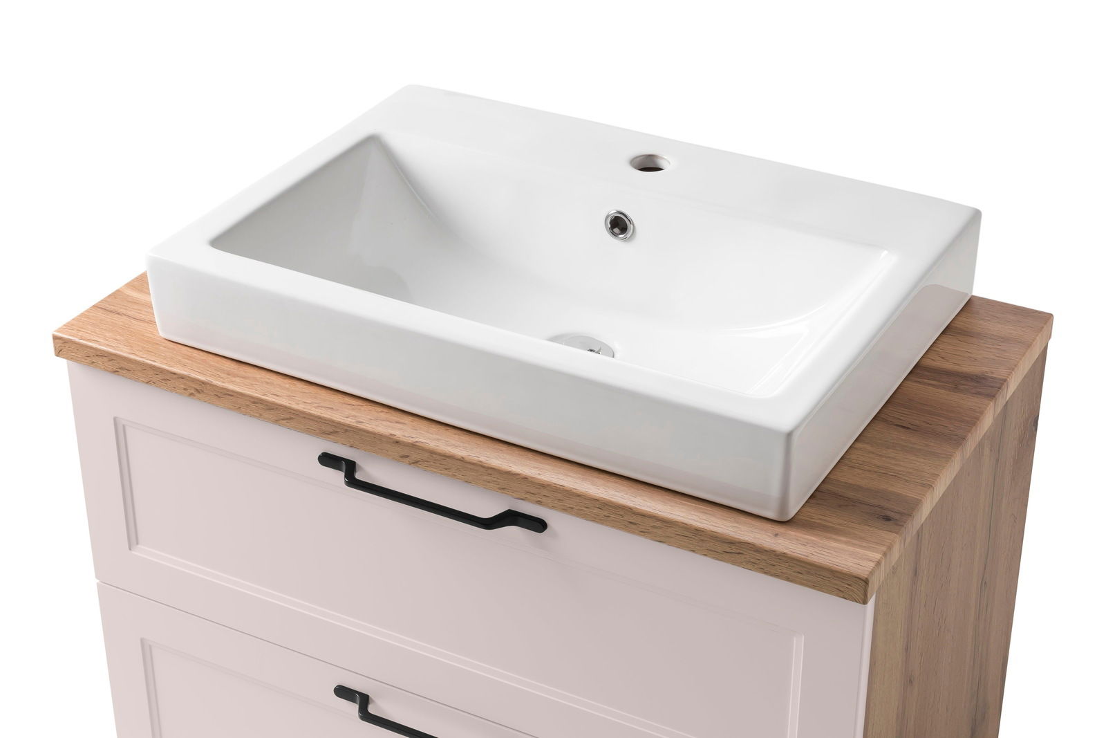 Moderner Waschtisch mit weißem Keramikbecken und Holzunterschrank, Perspektive von schräg oben