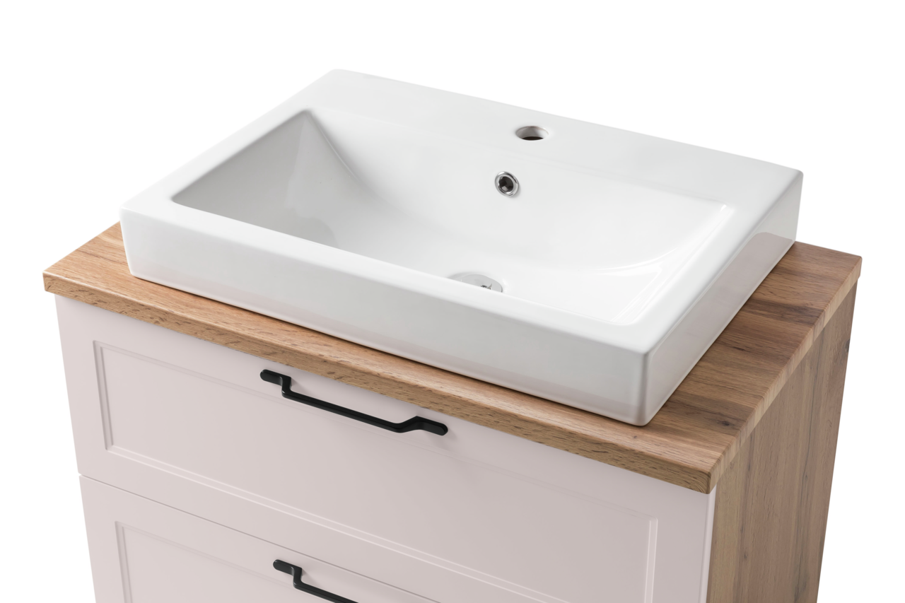 Moderner Waschtisch mit weißem Keramikbecken und Holzunterschrank, Perspektive von schräg oben
