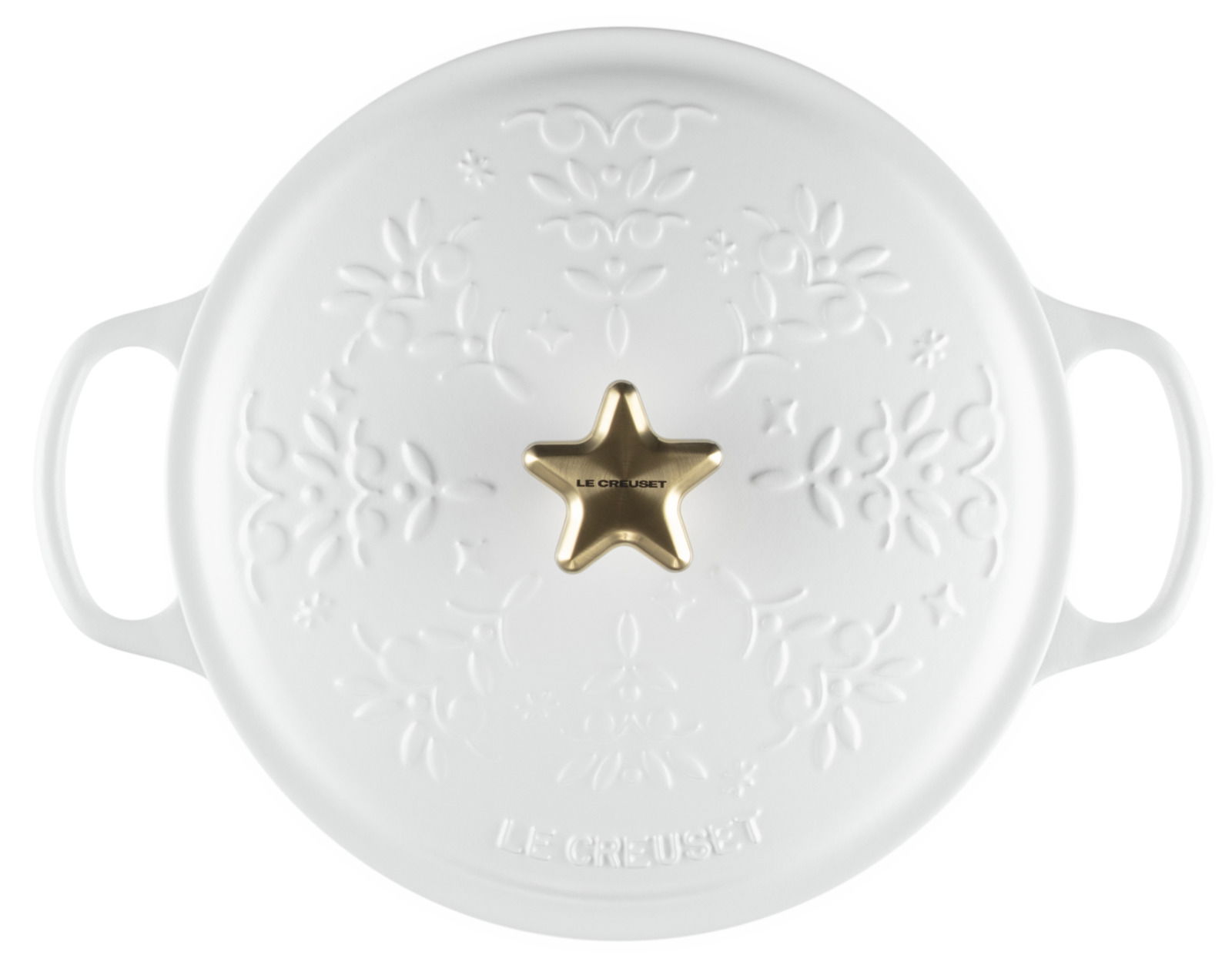 LE CREUSET Bräter XMAS Weißer Bräter mit weihnachtlichem Muster und goldfarbenem Sternknauf, Draufsicht